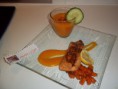Saumon mariner au soja , poeler de butternut et soupe épicée de butternut